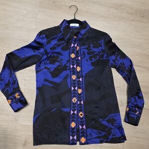 Emilio Pucci Silk Blue and Black Blouse with Orange Accents